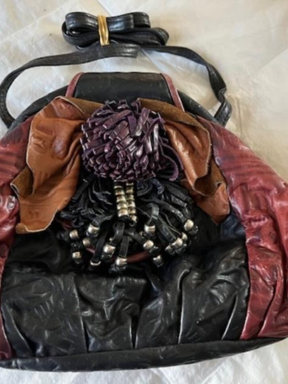 Designer Hala Genuine Leather Bag w/Bead & Tassels Accessories w/Flora Bloom